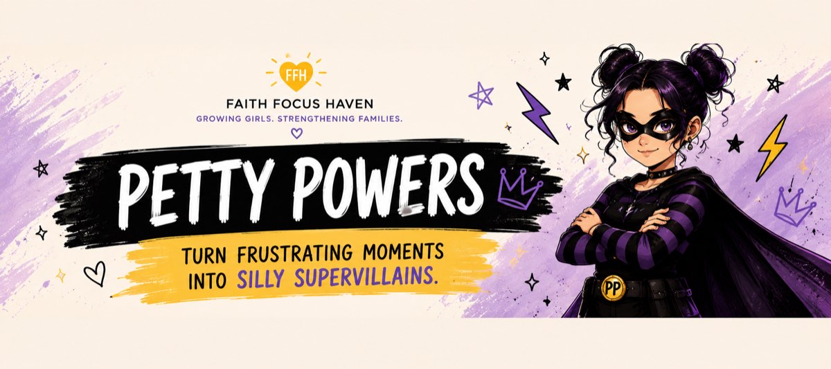 Petty Powers. Turn frustrating moments into silly supervillains. A girl in a purple villain cape and mask, arms crossed, smiling.