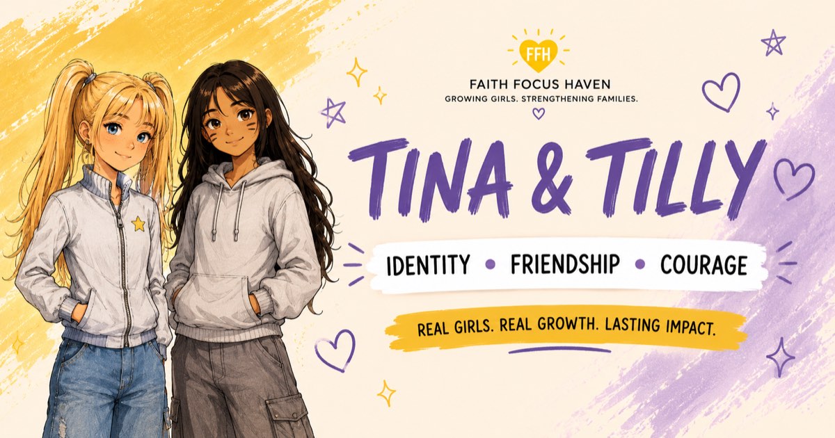Tina and Tilly. Identity, friendship, courage. Two teen girls standing together, one blonde with pigtails, one with long dark hair.