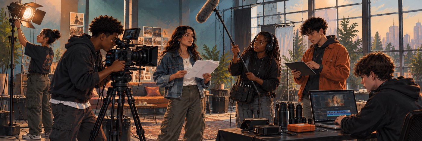 A diverse crew of teens on a film set: camera operator, boom mic, director reading a script, headphone-wearing sound tech, and an editor at a laptop.