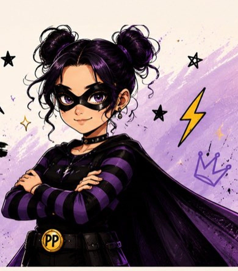 A girl in a purple striped top, black cape, and villain mask, arms crossed, smiling.