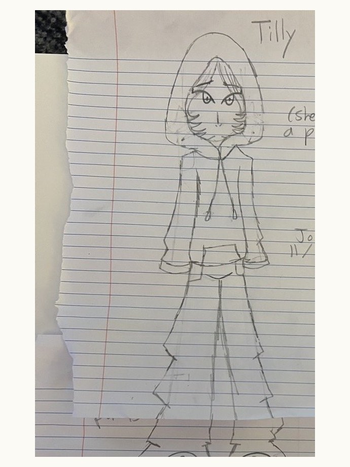 Jolie's original pencil drawing of Tilly, a girl in a hoodie