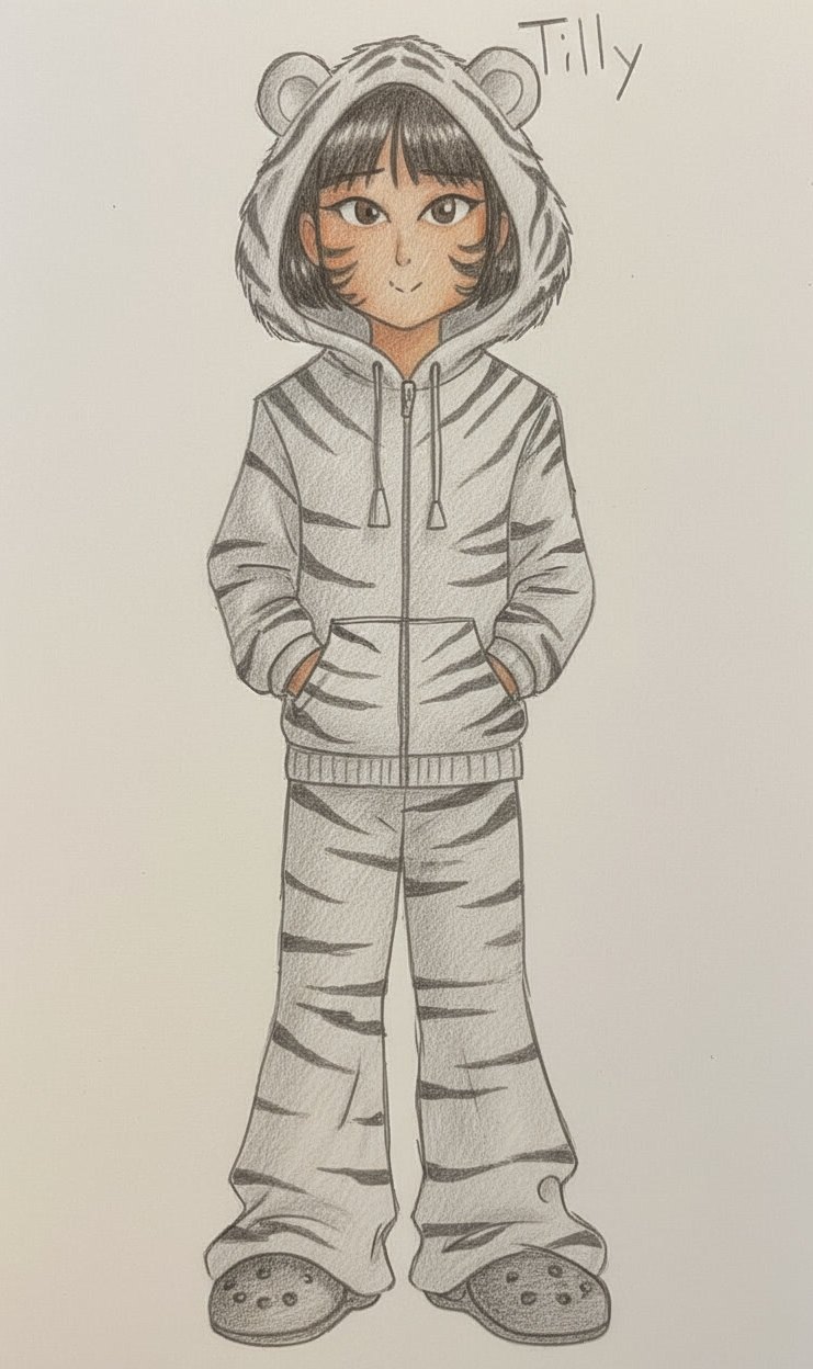 Color illustration of Tilly in a cozy tiger-stripe hoodie