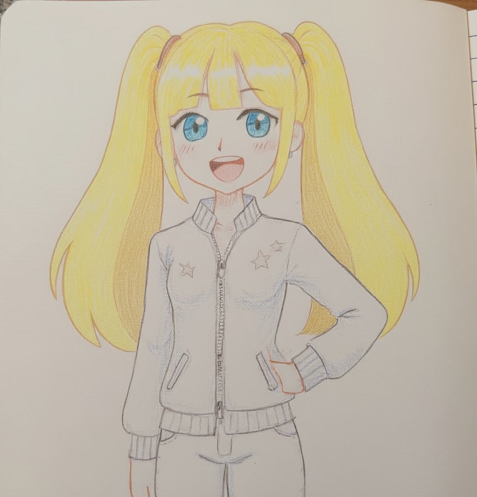 Color illustration of Tina with twin ponytails and a star track jacket